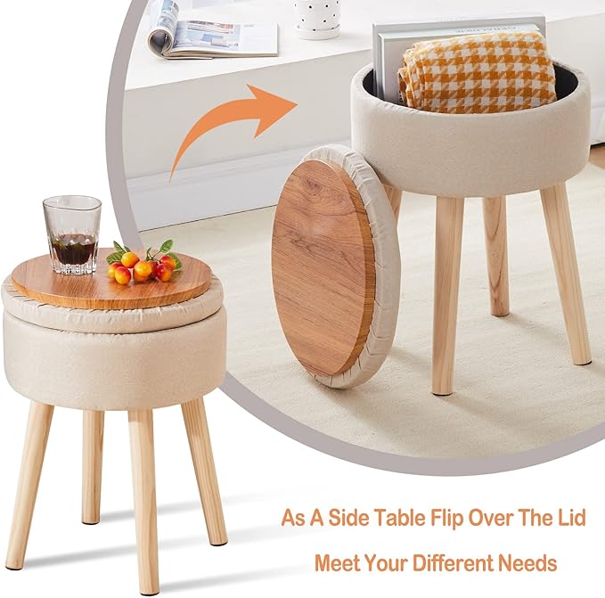 Mxfurhawa Storage Ottoman Linen Round Vanity Stool Tray Top Modern Foot Stool - Image 4