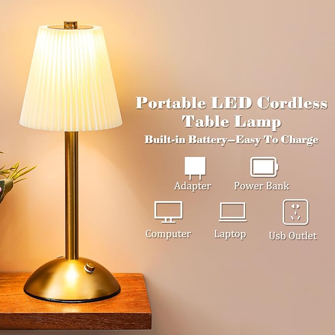 Liliful 2 Pcs Cordless Table Lamp Rechargeable Touch LED Small Gold Portable - Image 3