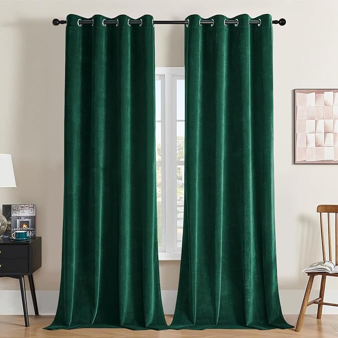 Joydeco Dark Green Velvet Curtains 84 Inches Length, Grommet Curtains 2 Panels by JOYDECO