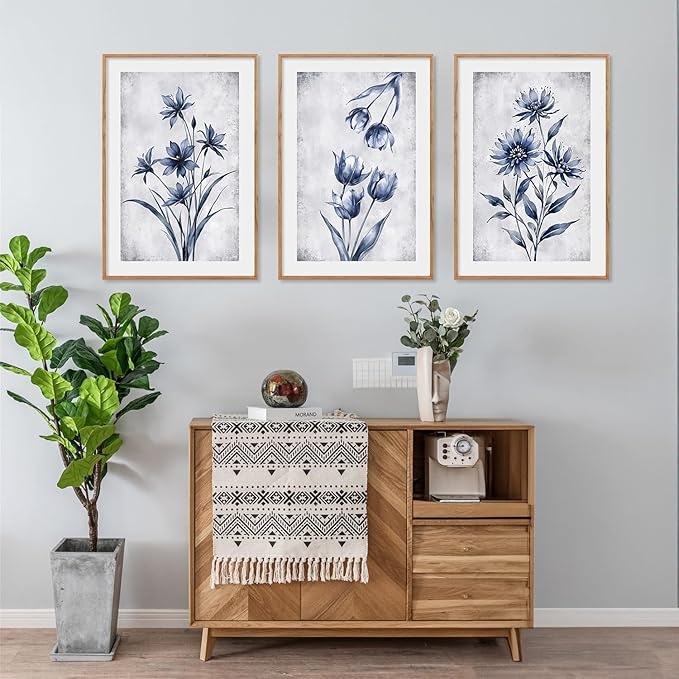 LHIUEM Navy Blue and Grey Flower Framed Canvas Wall Art Set, Modern Botanical - Image 5