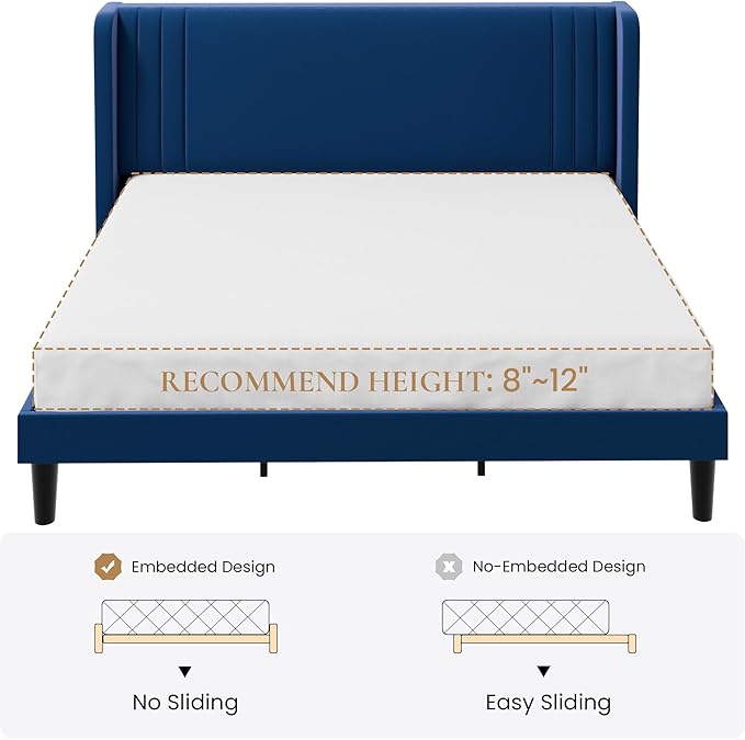 SHA CERLIN King Size Velvet Upholstered Platform Bed Frame - Image 9