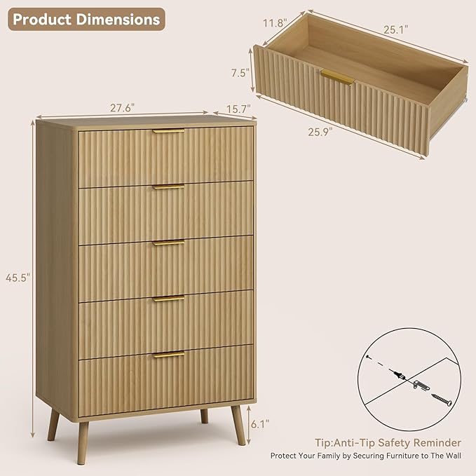 CARPETNAL Fluted 5 Drawers Dresser - Image 2