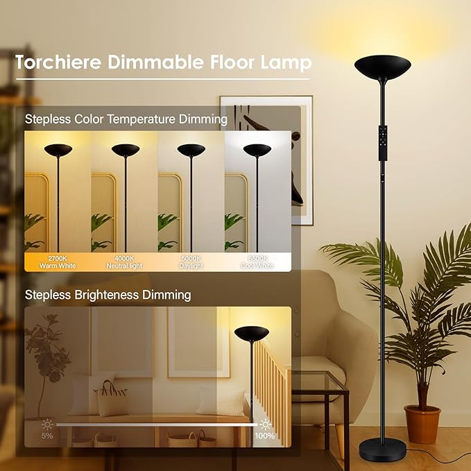 Stepless Dimmable Floor Lamp, 30W 3000LM Super Bright LED Torchiere Floor Lamps - Image 3