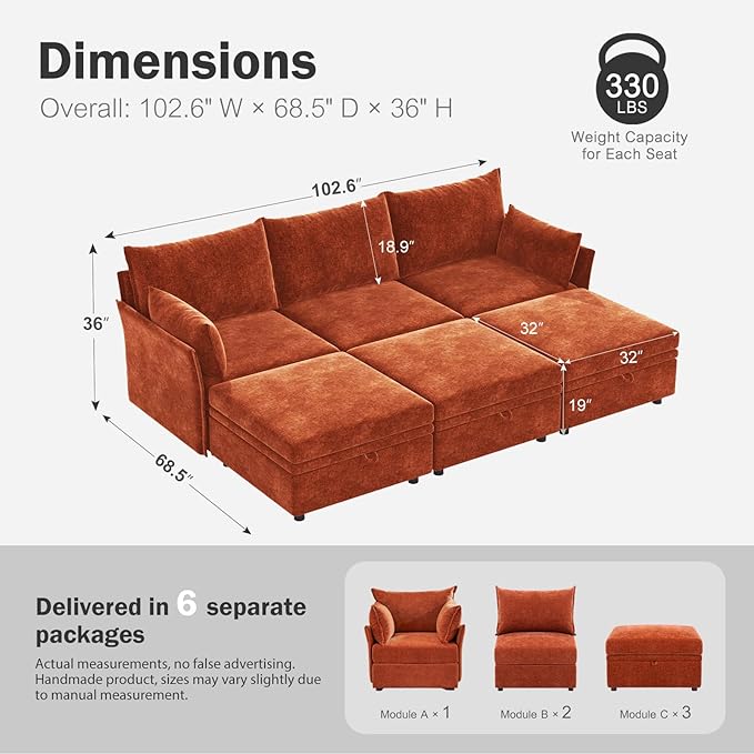 ABCASA 102.6" Luxury Modular Sleeper Sofa Bed 6 Seat Reversible Sectional Couch - Image 2