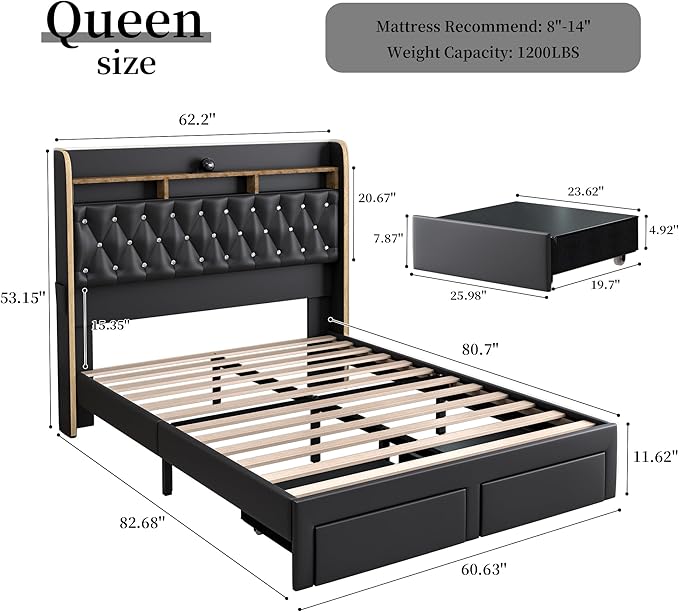 Queen LED Bed Frame with 2 Storage Drawers, PU Upholstered Platform Beds with - Image 2