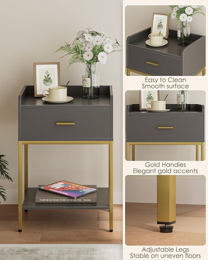 Masupu Gray Nightstand, 3-Tier Modern Bedside Table Night Stand - Image 7