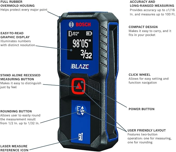 BOSCH GLM100-23 100 Ft Blaze Laser Distance Measure, Includes 2 AA Batteries - Image 2