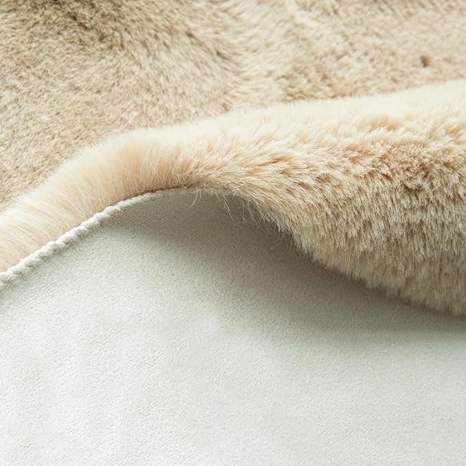 Beige Plush Faux Washable Rabbit Fur Area Rugs - Image 7