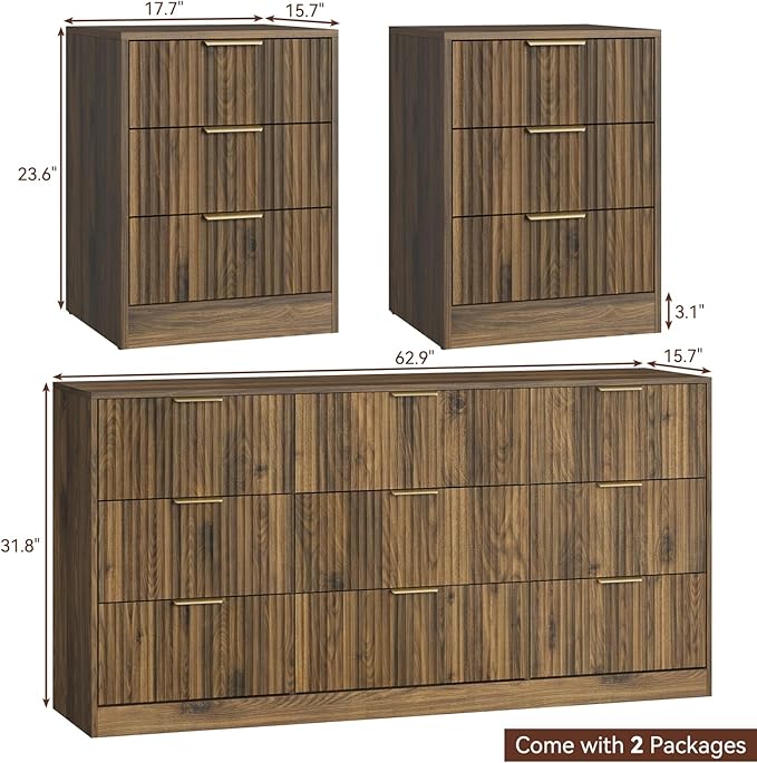Walnut Dresser & 3 Drawer Nightstand Set 3-Piece, 63” Long 9 Drawer Dresser and - Image 3