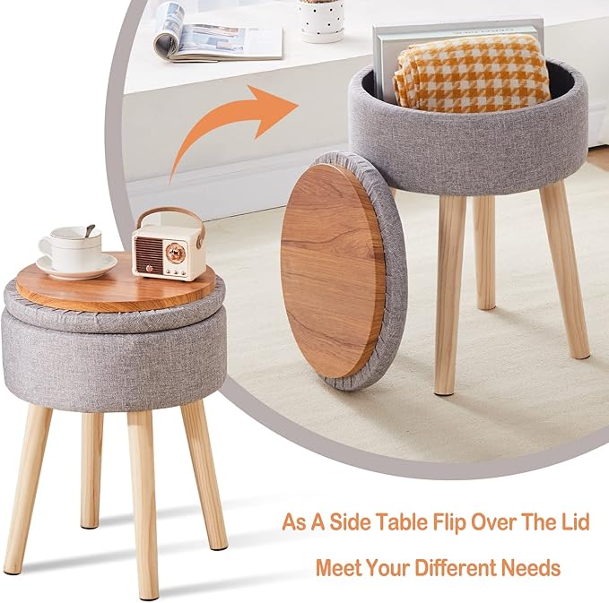 Mxfurhawa Storage Ottoman Linen Round Vanity Stool Tray Top Modern Foot Stool - Image 4
