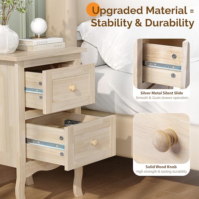 Bonnlo Nightstands Set of 2, Solid Wood Nightstand Unfinished - Image 5