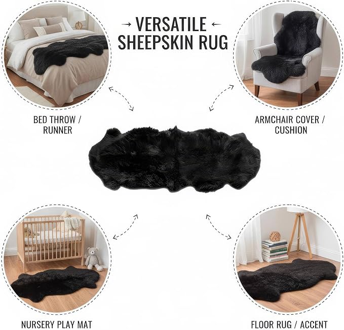 Authentic Black Sheepskin Rug 2x6 ft, Genuine Double Pelt Fluffy Fur Area Rug - Image 6