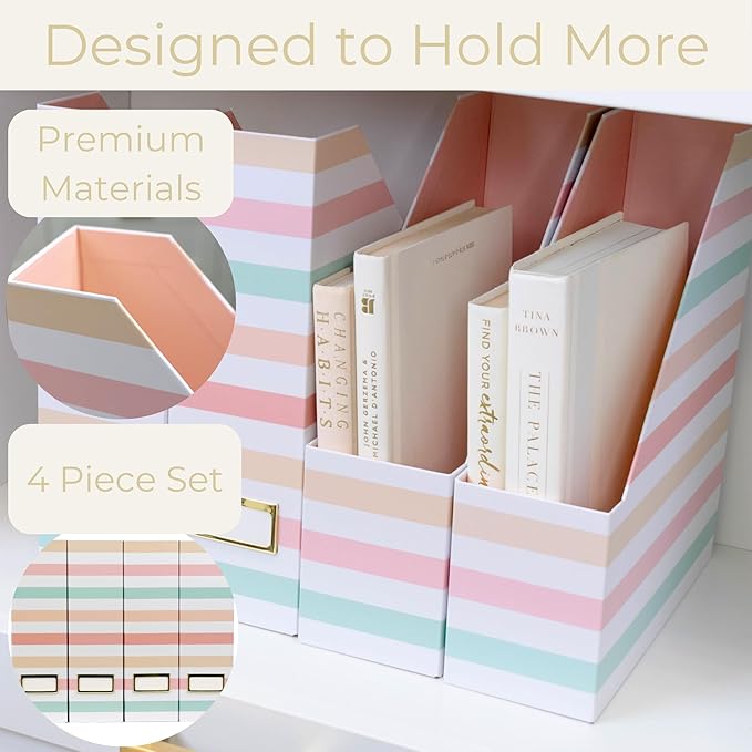 BLU MONACO Set of 4 Foldable Magazine Holders in Pastel Stripes | Cardboard - Image 5