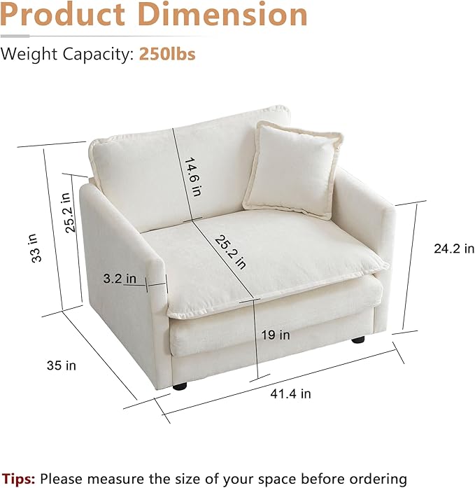 mikibama 41.4 Inch Single Seat Sofa, Chenille Comfy Deep Upholstered Couch - Image 2