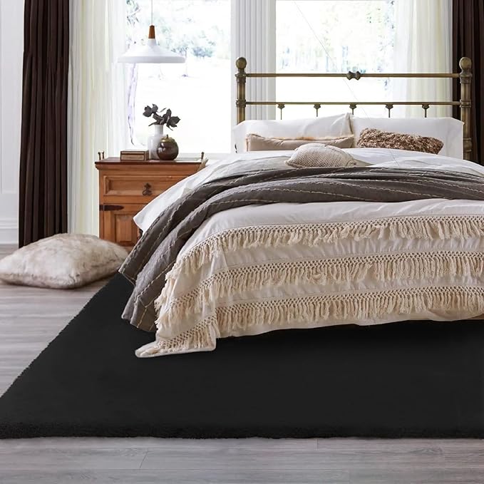Black Shag Rugs 8x10 Area Rugs for Living Room Faux Rabbit Fur Machine Washable - Image 3