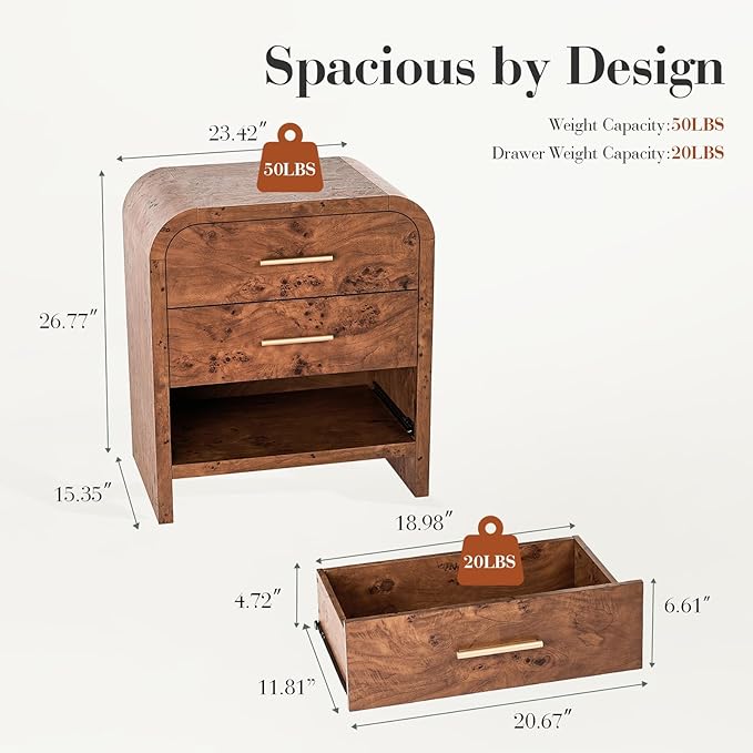 Farmhouse Nightstand, 23.5" Curved Modern Night Stand - Image 2