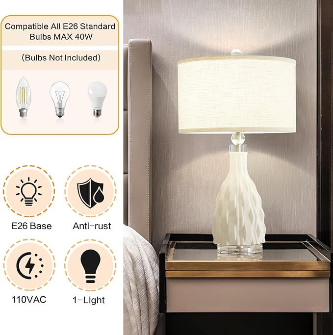 Modern White Textured Ceramic Table Lamps 22.5In, Plug in Table Lamp Decor - Image 3