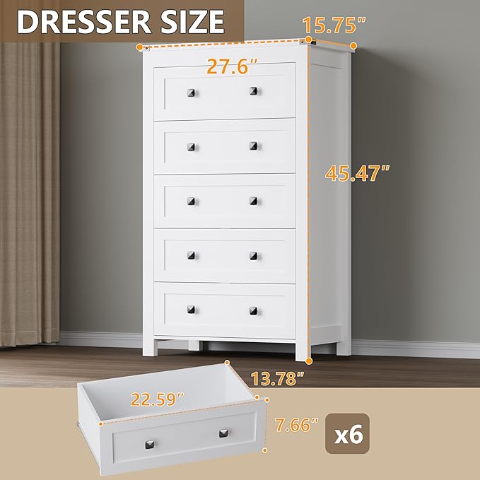 Tall 5-Drawer Dresser, Modern Wooden Storage Chest of Drawers, Dresser TV Stand - Image 2