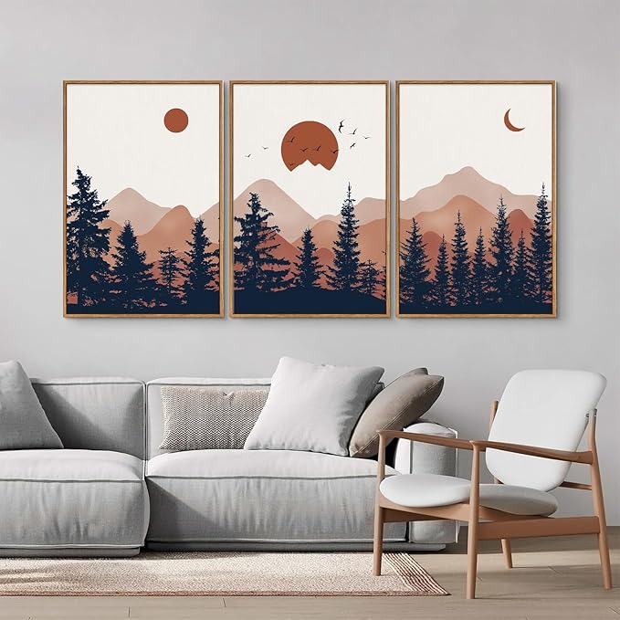 YeeHomedec Large Boho Mountain Framed Canvas Wall Art, Mid Century Modern Wall - Image 3