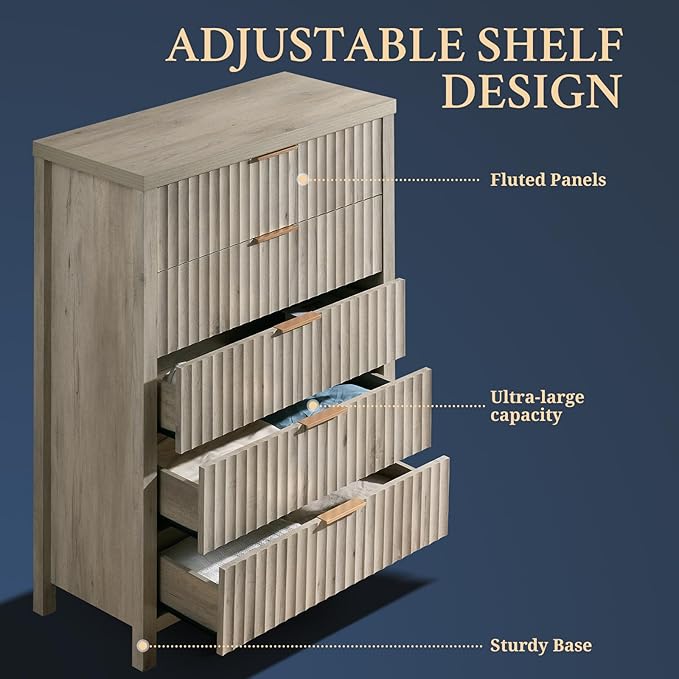 5 Drawers Dresser for Bedroom, 44 Inches Tall Modern Bedroom Dressers, Chest of - Image 4
