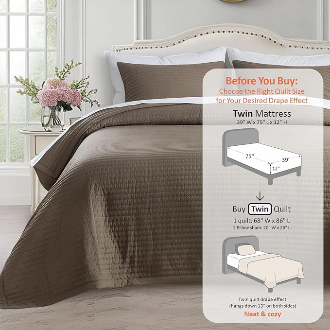 KASENTEX Twin Quilt Set 68"x86" – Soft Washed 3-Layer Lightweight Bedspread - Image 3