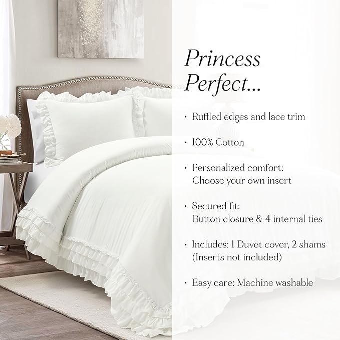 Lush Decor Ella Ruffle Lace 100% Cotton Duvet Cover, 3 Piece Set, Full/Queen - Image 9