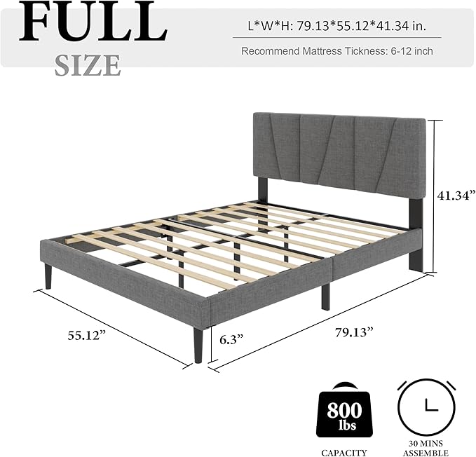 Full Size Bed Frame with Fabric Upholstered Headboard, Platform Bed with Wooden - Image 2