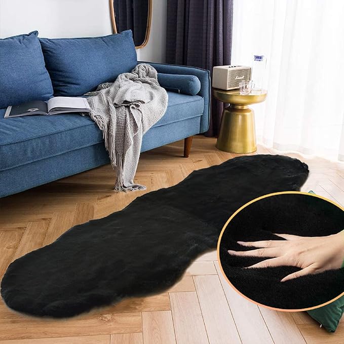 Black Shag Washable Fluffy Fur Area Rugs - Image 3