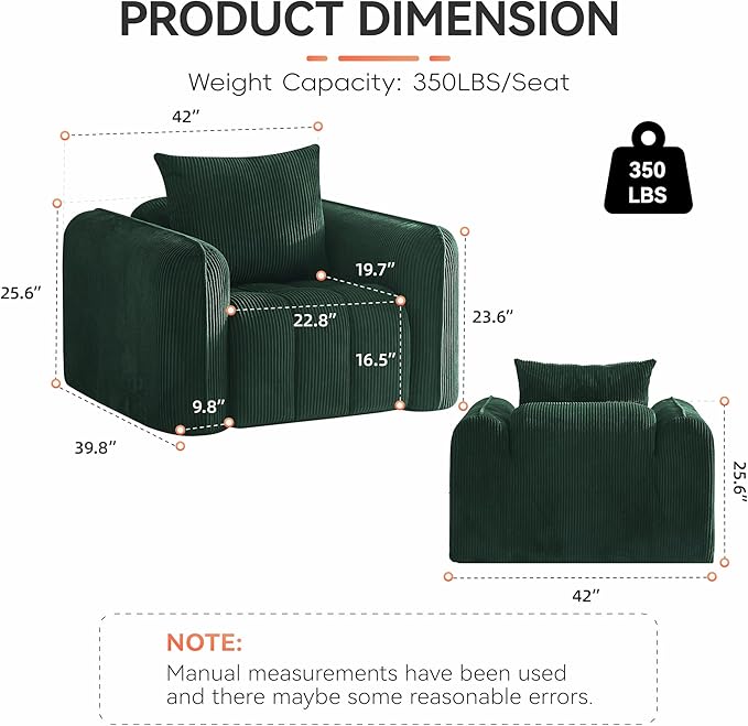 Oversized Boneless Corduroy Accent Chair, Comfy Deep Seat Armchair - Image 2