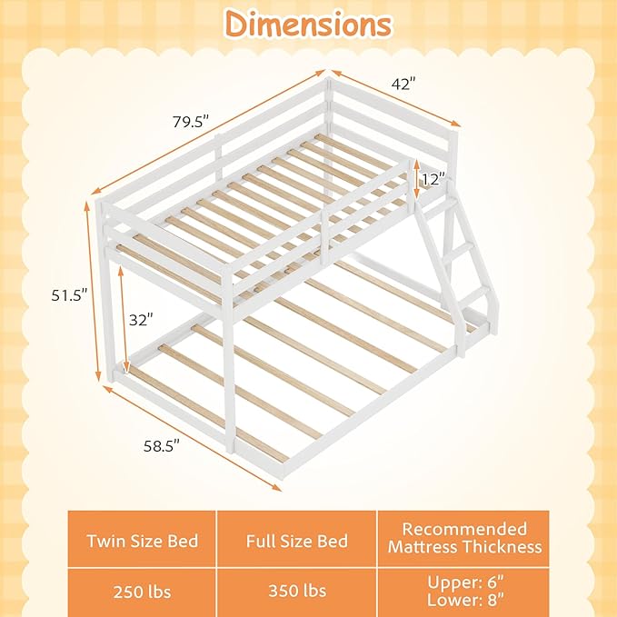 KOMFOTT Low Bunk Bed Twin Over Full, Solid Wood Twin Bed Frame - Image 2