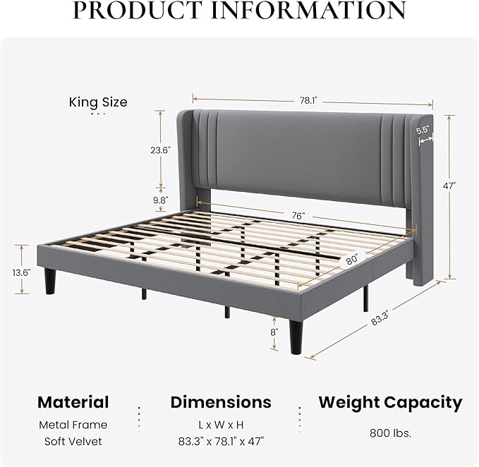 SHA CERLIN King Size Velvet Upholstered Platform Bed Frame - Image 2