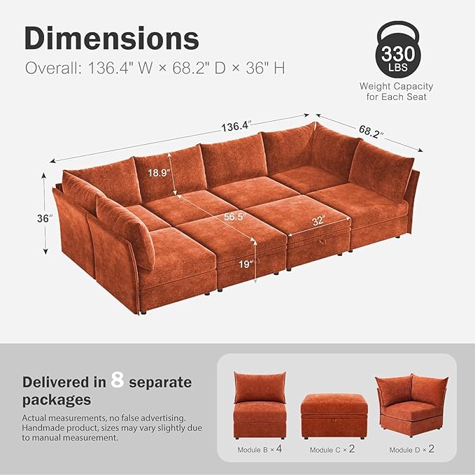 ABCASA 136.4" Oversized Modular Sectional Sleeper Sofa Bed, U Shaped - Image 2