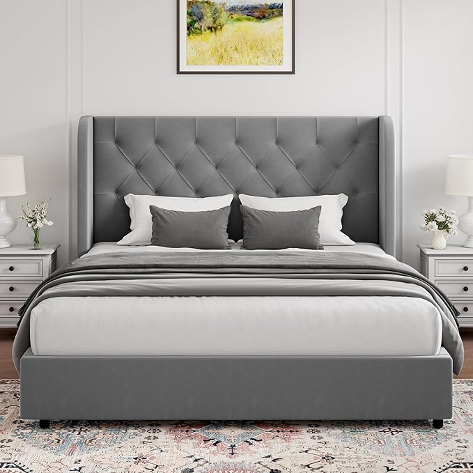 HOMBCK Full Size Bed Frame, Velvet Tufted, Curved Wingback Design, Wooden Slats - Image 3