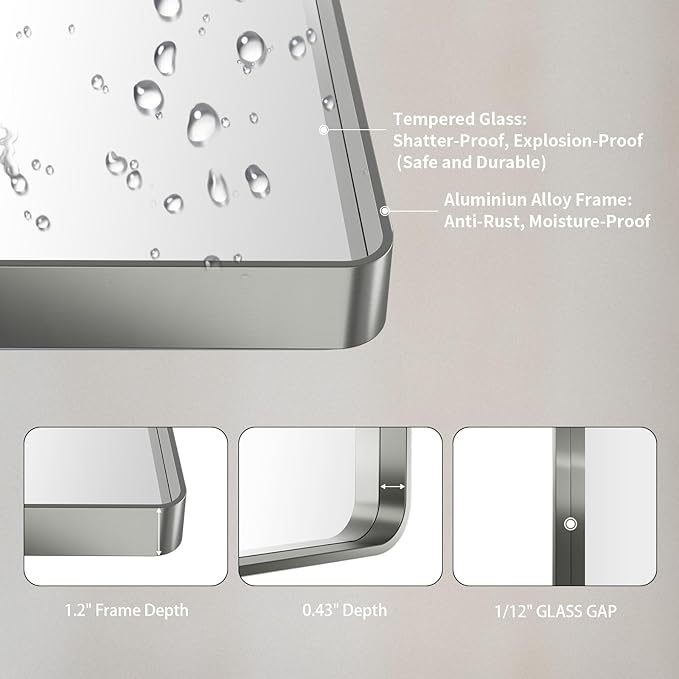LOAAO 32X36 Inch Brushed Nickel Bathroom Mirror, Rounded Rectangle Silver Metal - Image 5