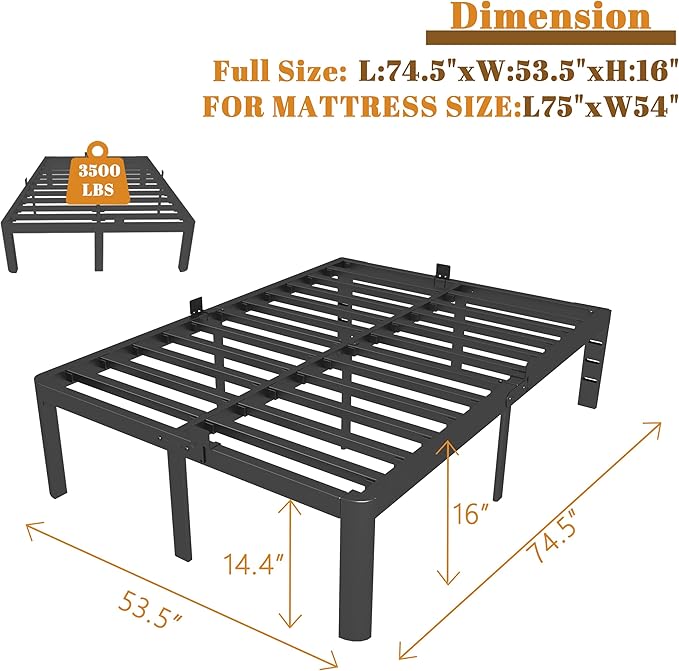 Full Size Bed Frame 16 Inch Black, Metal Platform Full Bed Frame - Image 2