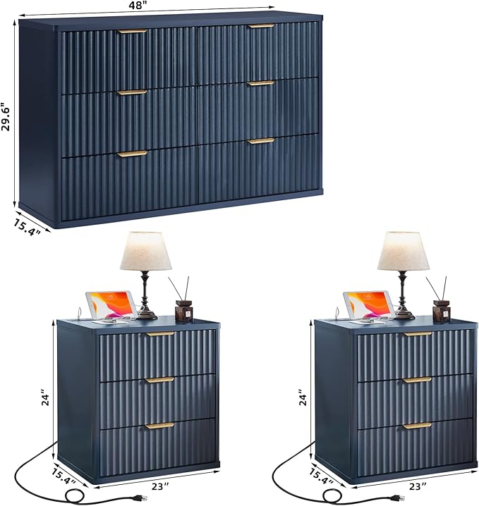 LEYAOYAO 48" Wide Fluted Dresser and 3 Drawers 23" Nightstand Set of 2 - Image 3