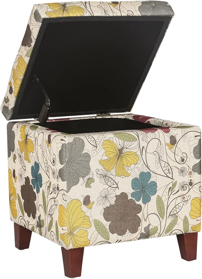Adeco 18 Inch High Cube Ottoman Storage, Floral Printed Linen Chair Foot Stools - Image 5