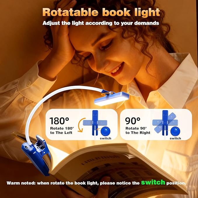 VAVOFO Rechargeable Book Light Rotatable：24 LEDs Reading Light, 3-Color & - Image 5