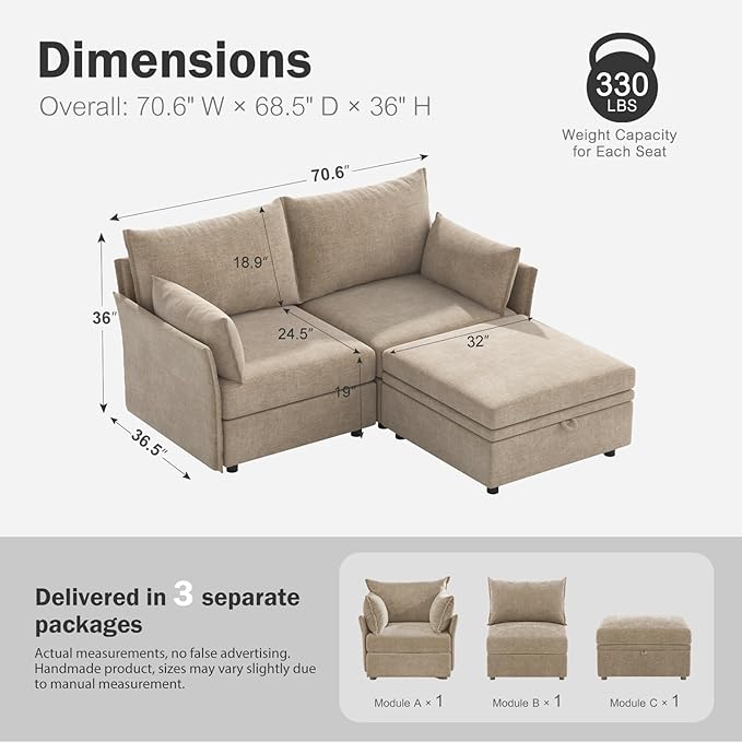 ABCASA Luxury Modular Sectional Sofa, L-Shaped 3-Seat Couch - Image 2