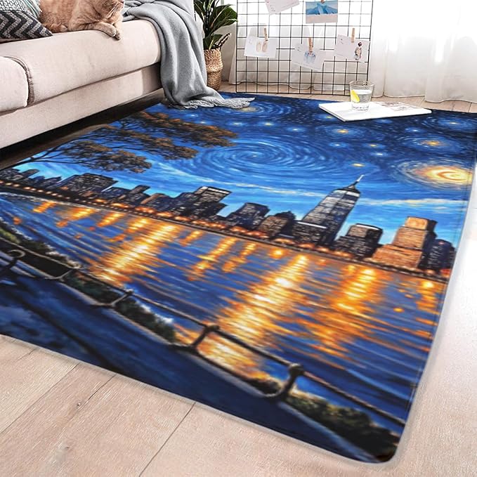 Machine Washable 3' x 5' Oil Painting-Style Area Rug, Bule Floor mat, Suitable - Image 4