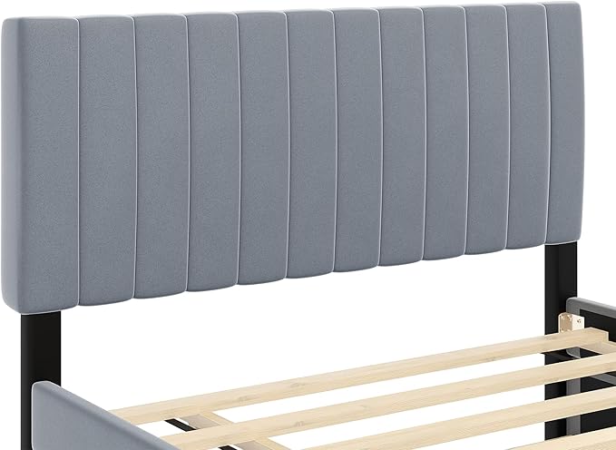 Full Bed Frame with Trundle Bed, Velvet Upholstered Platform Bed Frame - Image 6