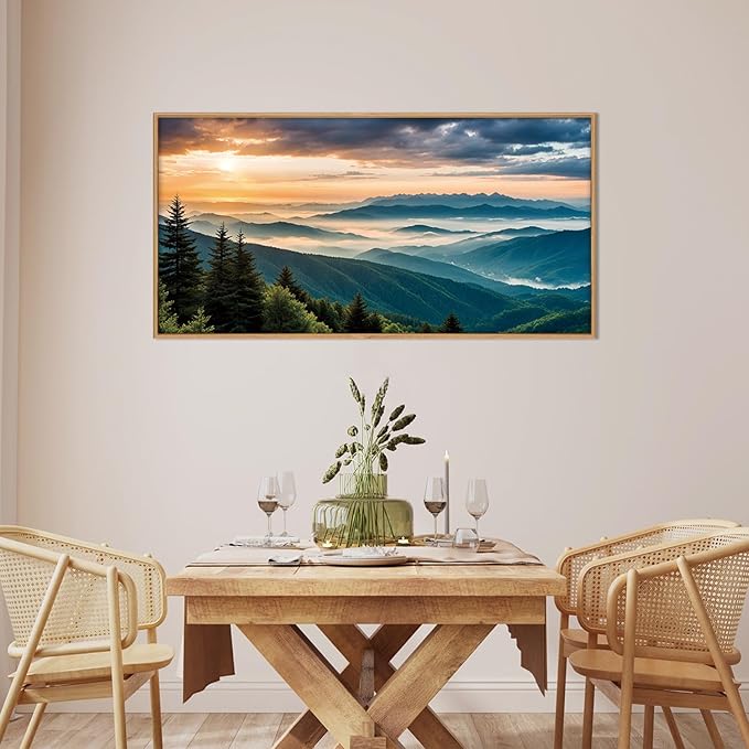 LHIUEM Large Nature Mountain Sunrise Framed Canvas Wall Art, Modern Misty Tree - Image 3