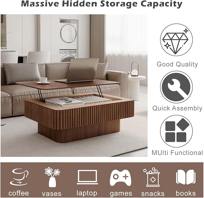 Lift Coffee Table with Storage & Adjustable Height, Solid Wood Coffee Table - Image 7