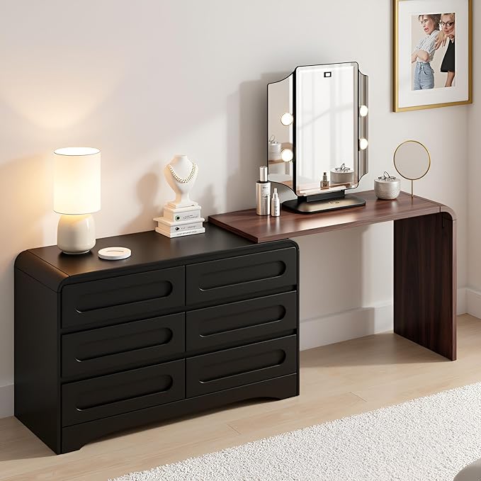 6 Drawer Dresser with Extendable Table, L-Shaped Desk Vanity Combo, Modern by SOLACEFURNITURE