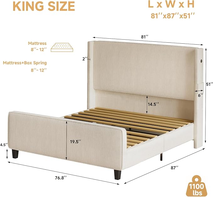 King Size Bed Frame and Headboard, Upholstered King Bed Frame - Image 2