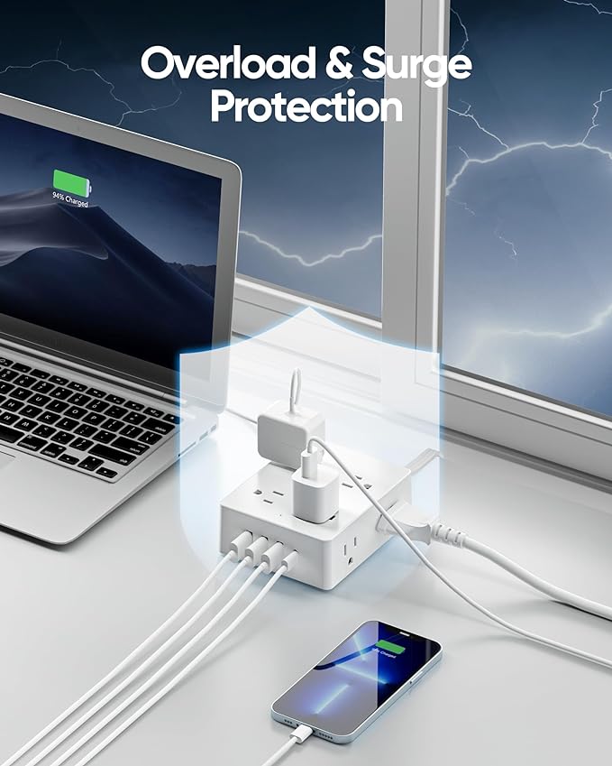 Surge Protector Power Strip 10 ft Cord, Olcorife Ultra Thin Flat Plug Extension - Image 4
