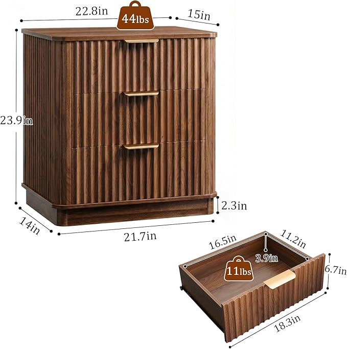 LYNCOHOME Fluted Night Stand Set of 2, Large 3 Drawer Nightand, Wood Bedside - Image 2