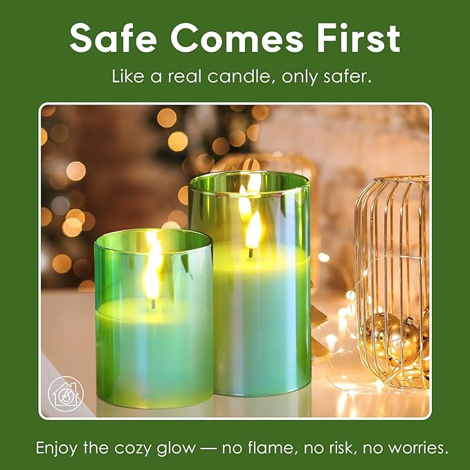 Eywamage Green Glass Flameless Pillar Candles - Image 6