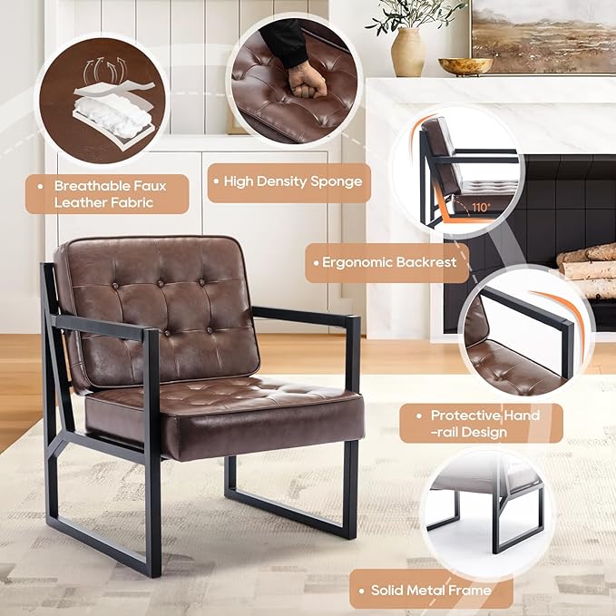 COLAMY Mid Century Modern Accent Chair, Comfy Living Room Chairs, Faux Leather - Image 3