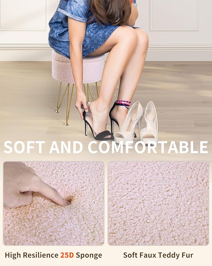 ABHENG Storage Ottoman Round Footrest Stool, Vanity Stool Chair Faux Teddy Fur - Image 6